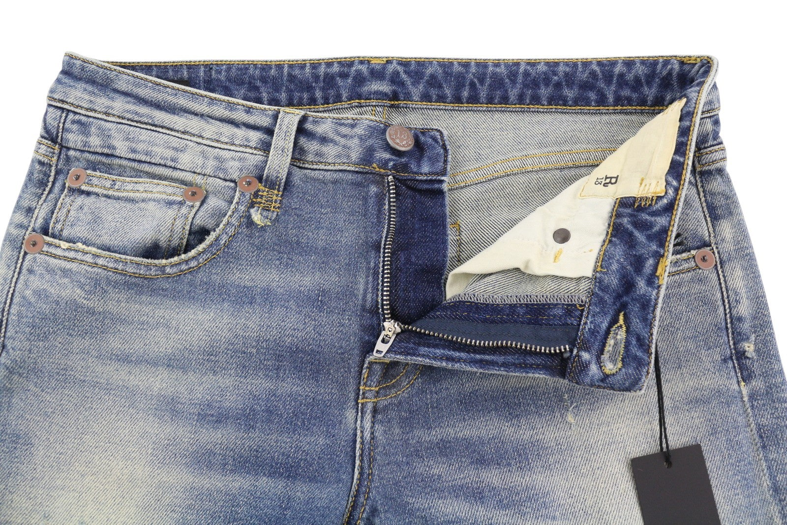 R13 berniukiški tiesūs moteriški džinsai 27 mėlyni, tamprūs, išblukę, trumpinti džinsai iki kulkšnių. 