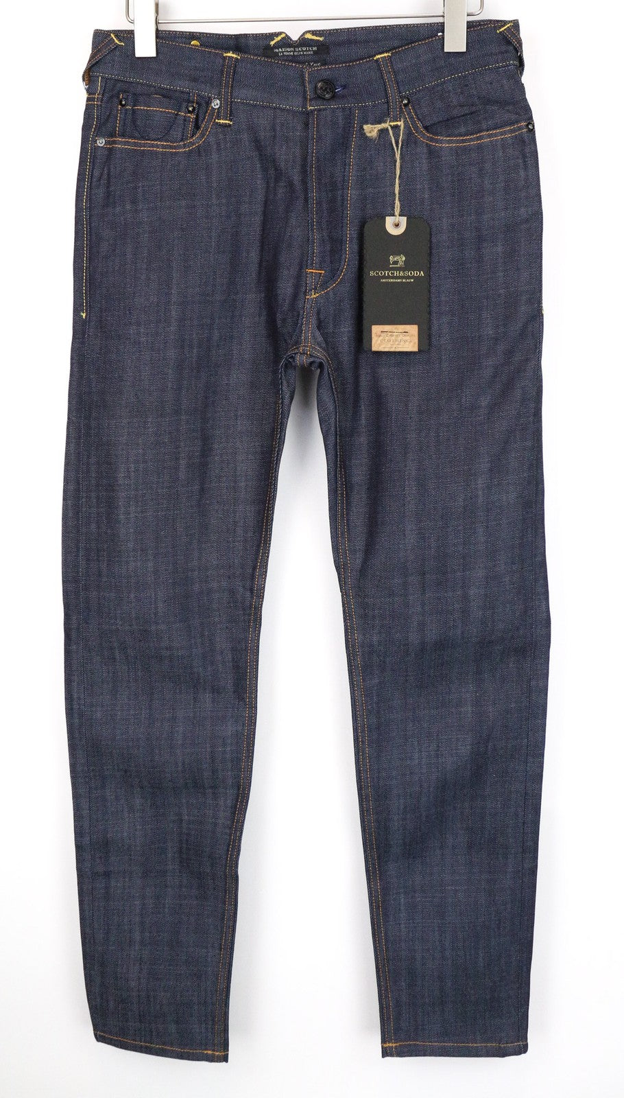 MAISON SCOTCH moteriškos W27 tamsiai mėlynos netempiamos morkų formos plonos džinsinės kelnės su sagomis 