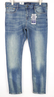 SCOTCH &amp; SODA Skim vyriški W34/L34 mėlyni aptempti tamprūs džinsai su užtrauktuku ir išblukusia juostele 