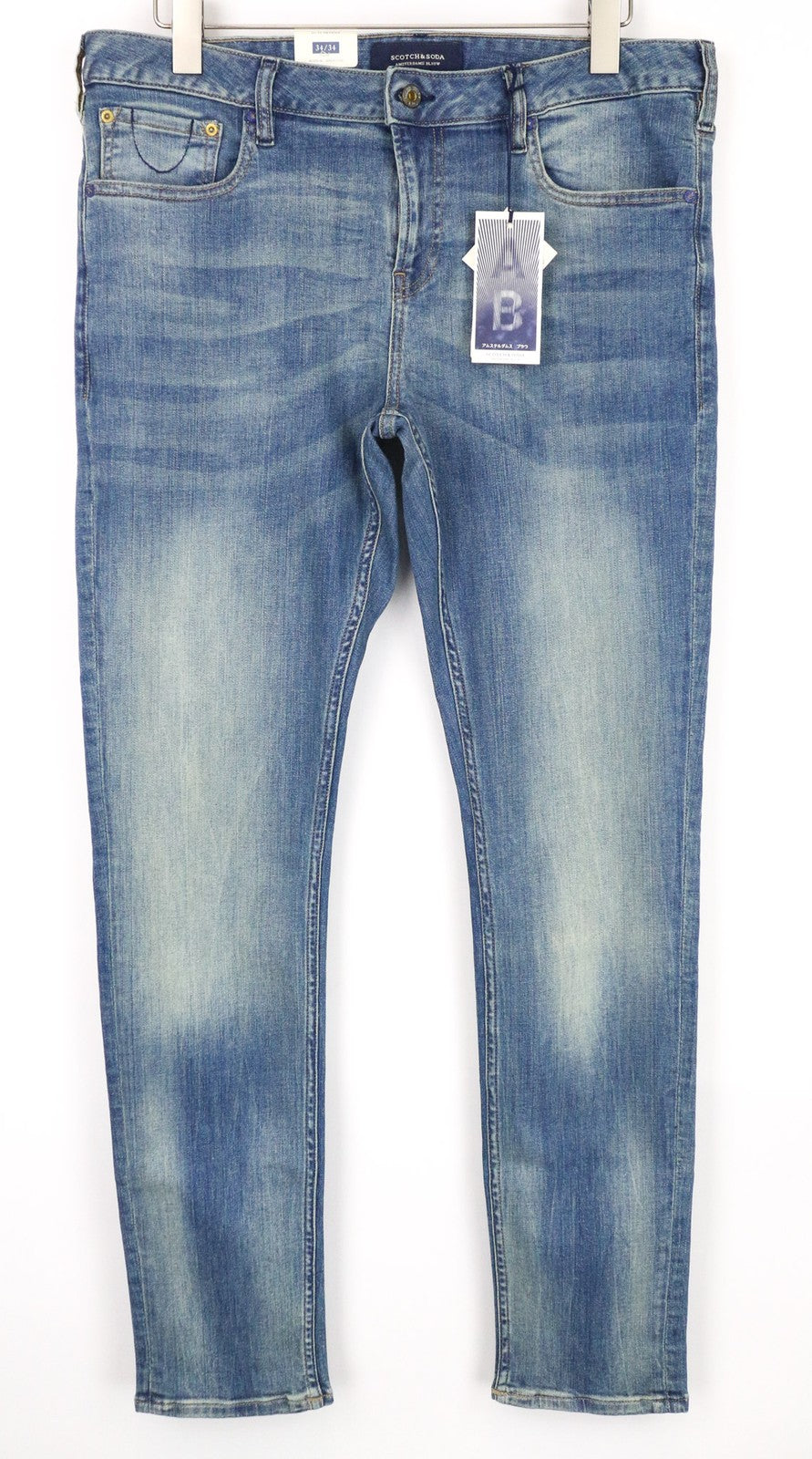 SCOTCH &amp; SODA Skim vyriški W34/L34 mėlyni aptempti tamprūs džinsai su užtrauktuku ir išblukusia juostele 