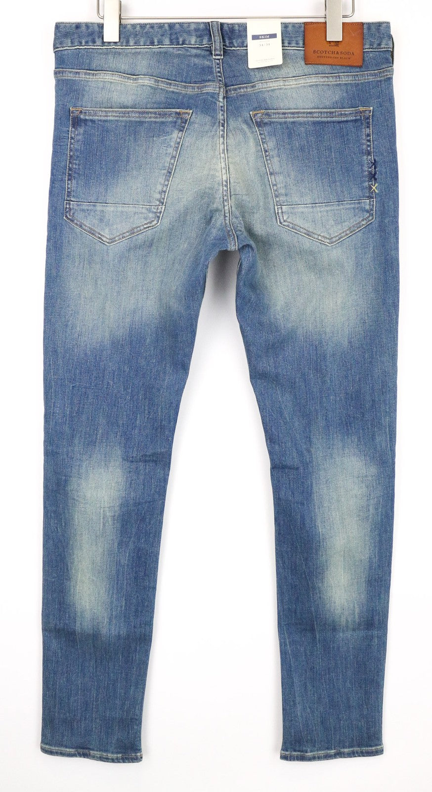 SCOTCH &amp; SODA Skim vyriški W34/L34 mėlyni aptempti tamprūs džinsai su užtrauktuku ir išblukusia juostele 