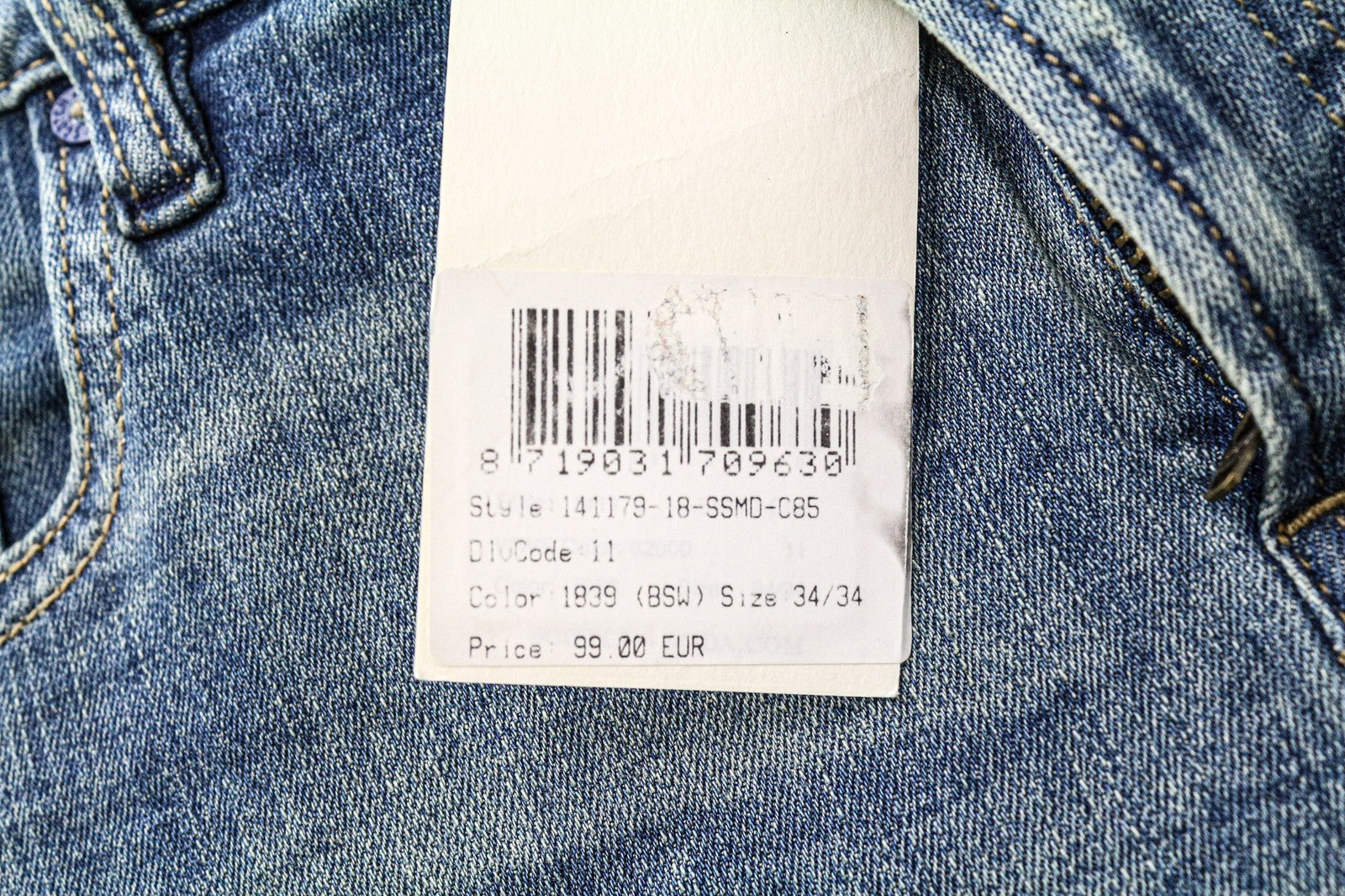 SCOTCH &amp; SODA Skim vyriški W34/L34 mėlyni aptempti tamprūs džinsai su užtrauktuku ir išblukusia juostele 