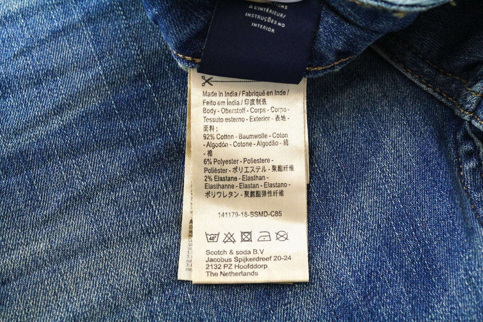 SCOTCH &amp; SODA Skim vyriški W34/L34 mėlyni aptempti tamprūs džinsai su užtrauktuku ir išblukusia juostele 