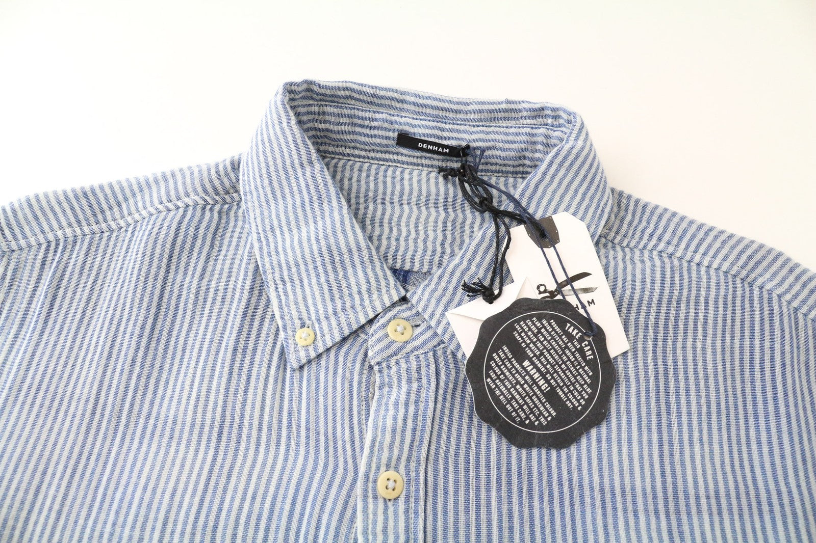 DENHAM Ford vyriški marškiniai M mėlyni dryžuoti medvilniniai melanžo spalvos trumpomis rankovėmis su sagomis