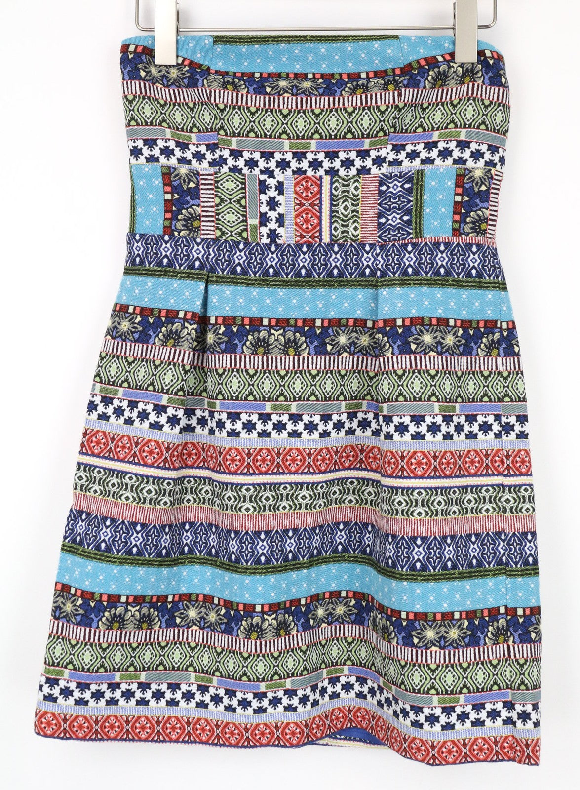 HANITA moteriška suknelė S mėlyna mini bandeau su klostėmis, raštuota atvira nugara, su sagomis 