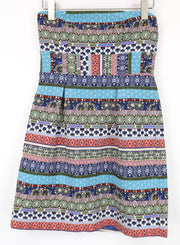 HANITA moteriška suknelė S mėlyna mini bandeau su klostėmis, raštuota atvira nugara, su sagomis 