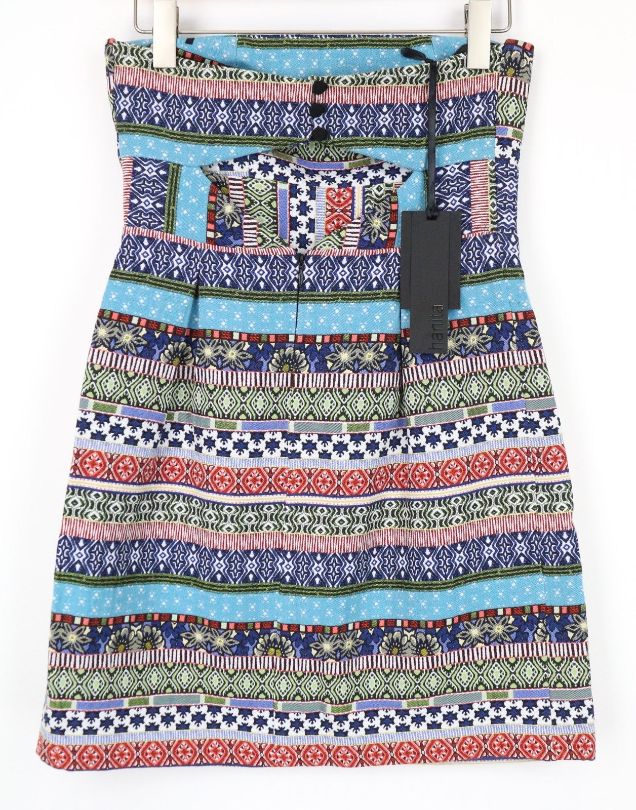 HANITA moteriška suknelė S mėlyna mini bandeau su klostėmis, raštuota atvira nugara, su sagomis 