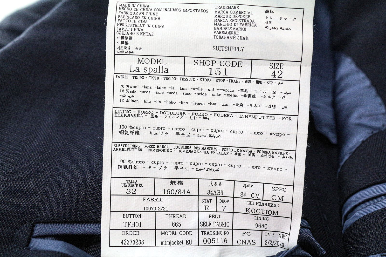 SUITSUPPLY La Spalla Men's Suit UK32R Blue 2-Piece Double Row Wool Silk Linen