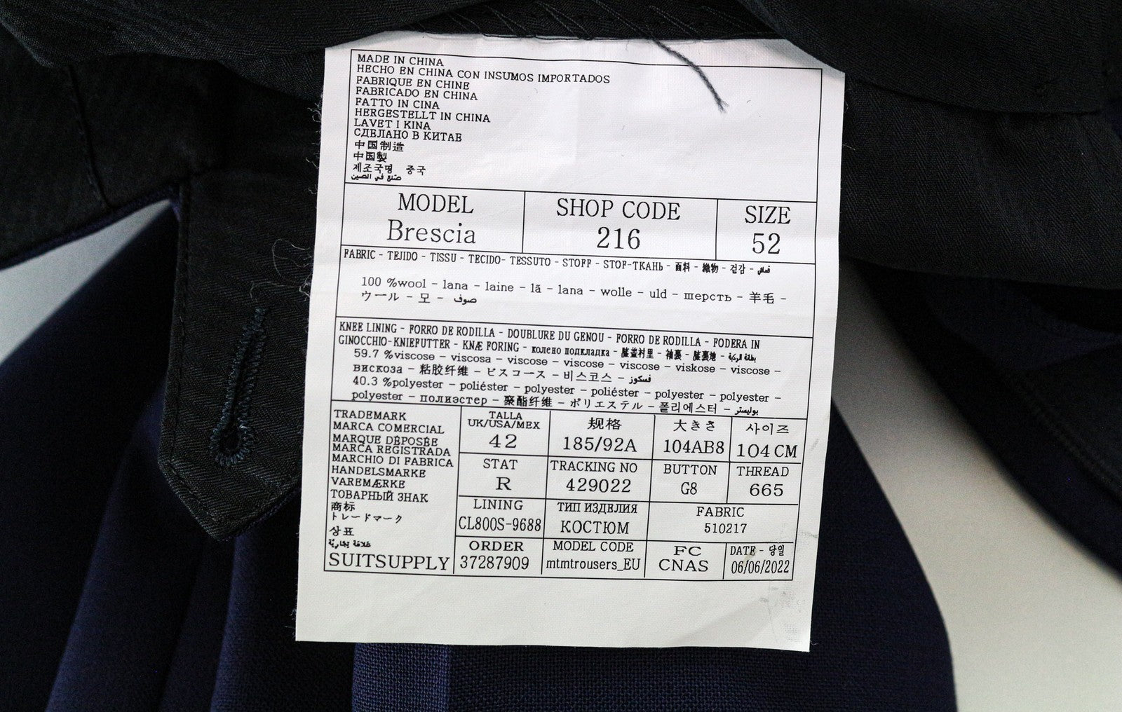 SUITSUPPLY Brescia Men's Trousers UK42R Navy Blue Slim Wool Melange Turn-Up Hem