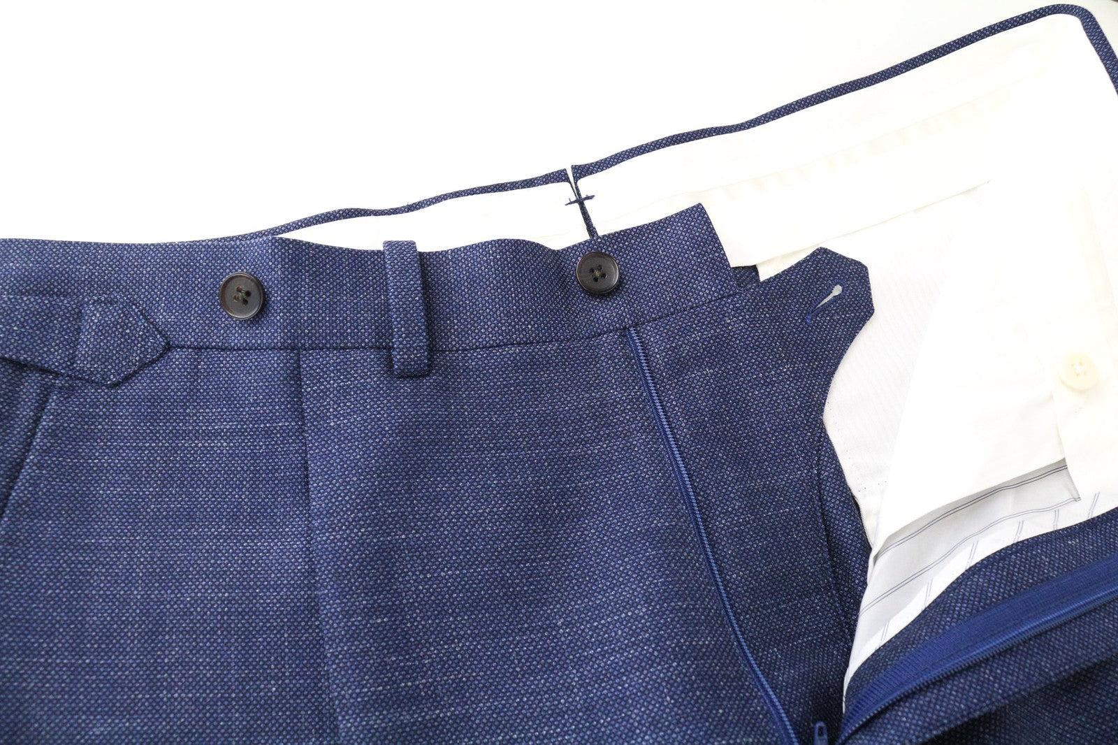 SUITSUPPLY Vigo vyriškos kelnės UK40S mėlynos, priglundančios, languotos, vilnonės ir šilko spalvos 