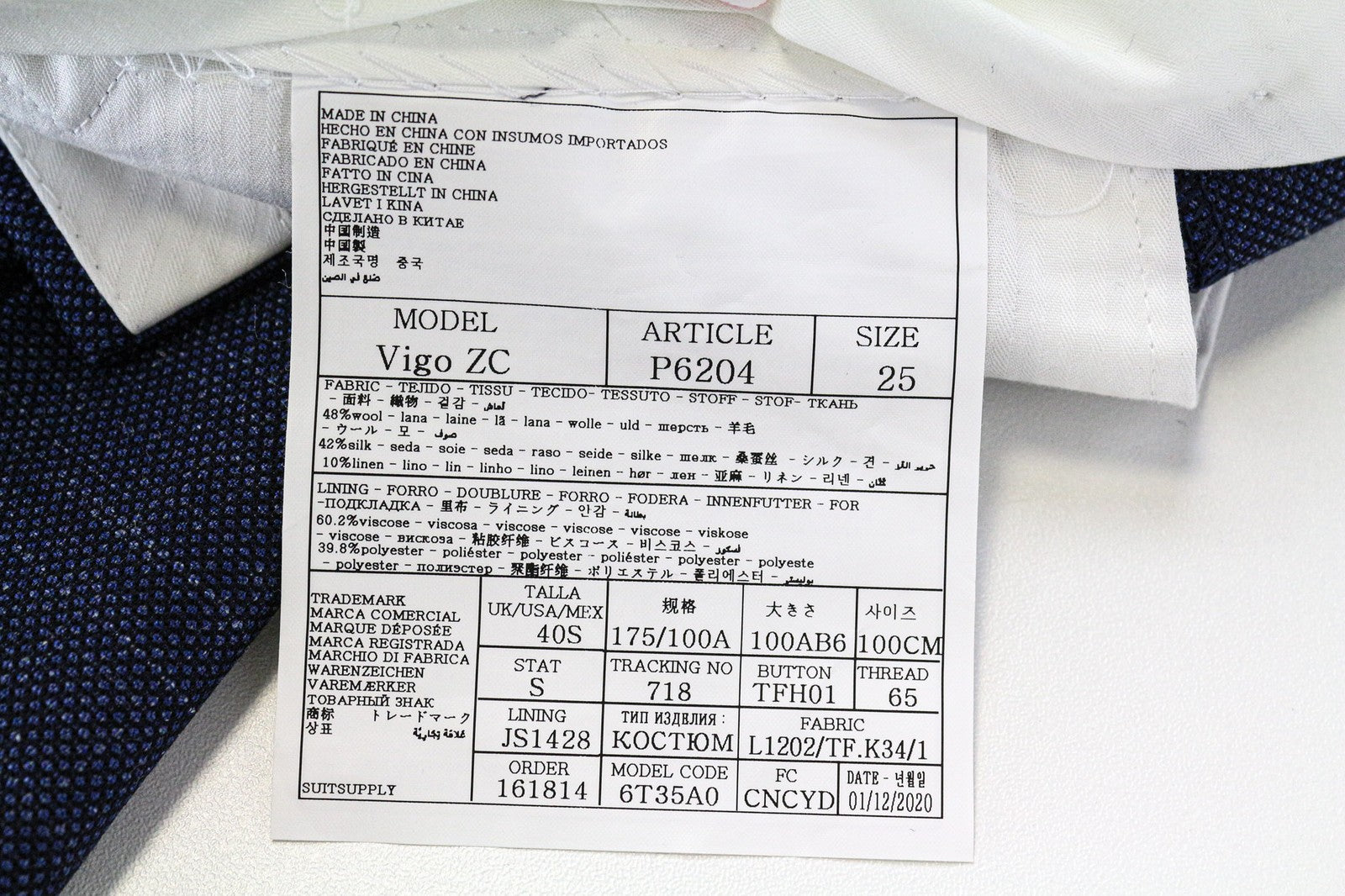 SUITSUPPLY Vigo vyriškos kelnės UK40S mėlynos, priglundančios, languotos, vilnonės ir šilko spalvos 