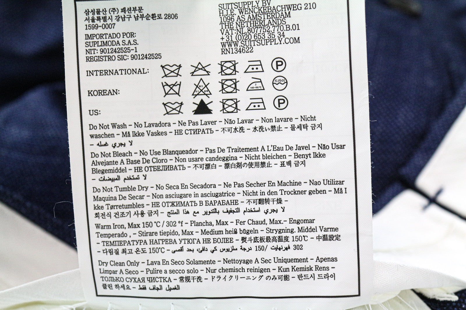 SUITSUPPLY Vigo vyriškos kelnės UK40S mėlynos, priglundančios, languotos, vilnonės ir šilko spalvos 