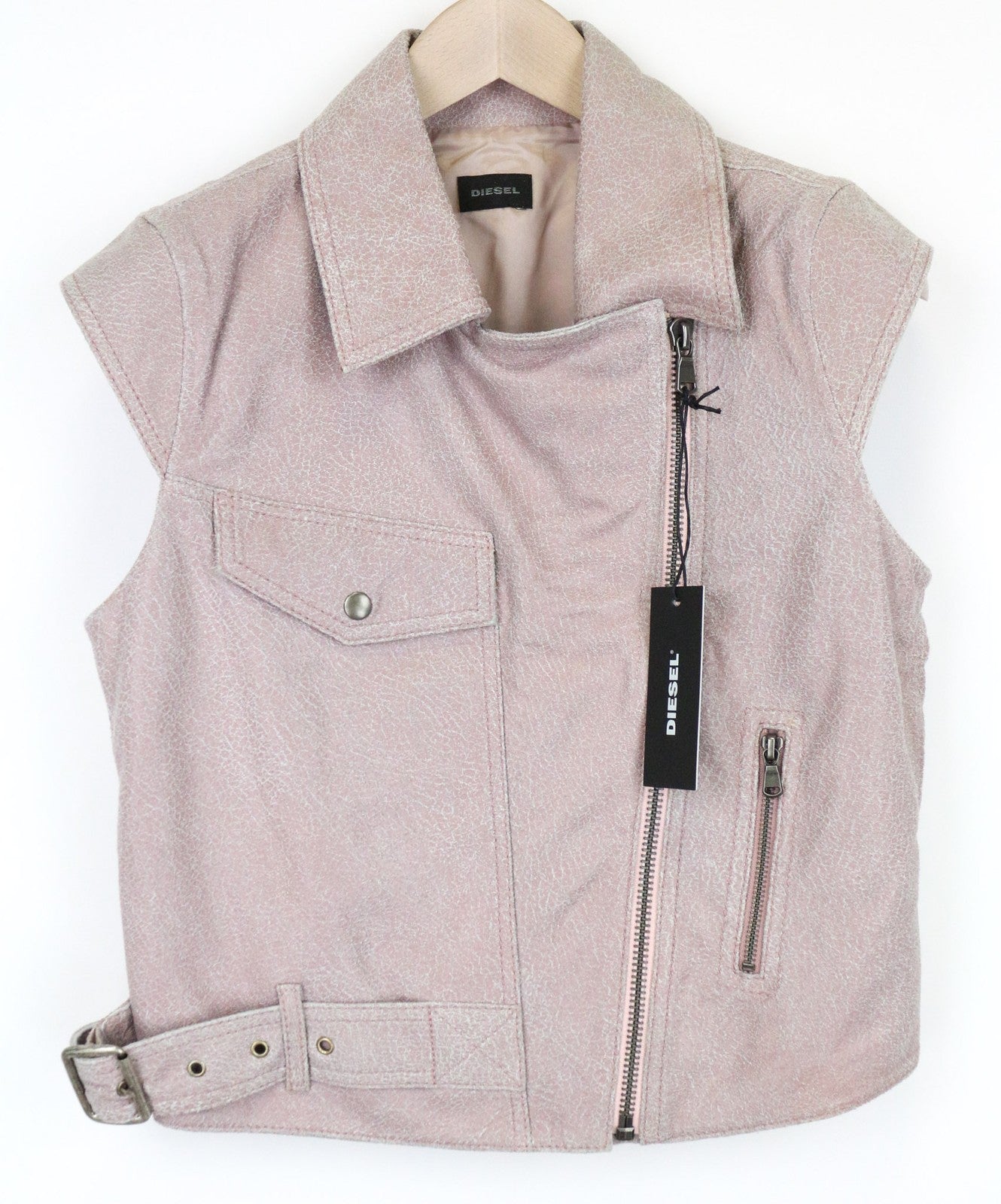DIESEL moteriška XS dydžio rožinė berankovė avikailio odinė liemenė su diržu juosmenyje 