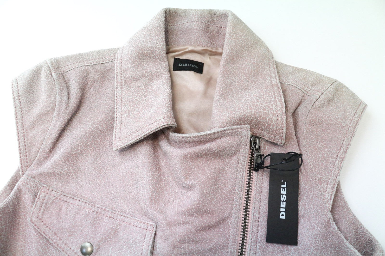 DIESEL moteriška XS dydžio rožinė berankovė avikailio odinė liemenė su diržu juosmenyje 