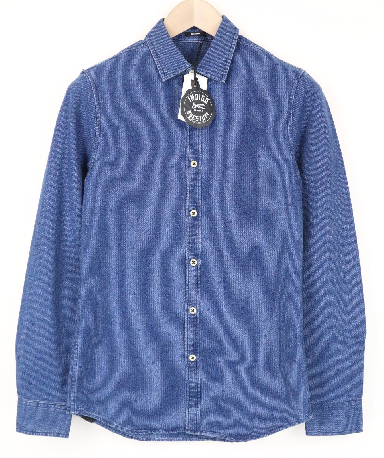 DENHAM Ellis vyriški marškinėliai XS dydžio mėlyni taškuoti medvilniniai raštuoti džinso stiliaus laisvalaikio stiliaus marškinėliai 