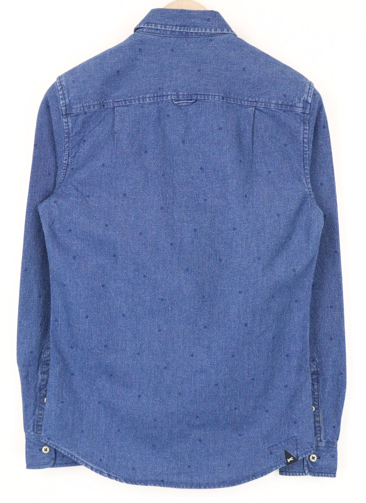 DENHAM Ellis vyriški marškinėliai XS dydžio mėlyni taškuoti medvilniniai raštuoti džinso stiliaus laisvalaikio stiliaus marškinėliai 