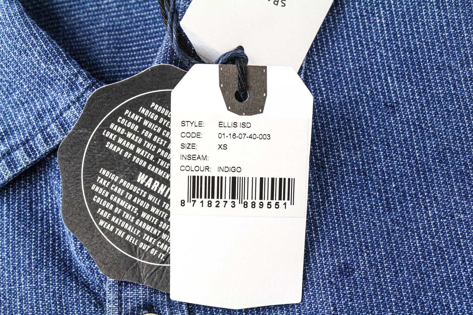 DENHAM Ellis vyriški marškinėliai XS dydžio mėlyni taškuoti medvilniniai raštuoti džinso stiliaus laisvalaikio stiliaus marškinėliai 