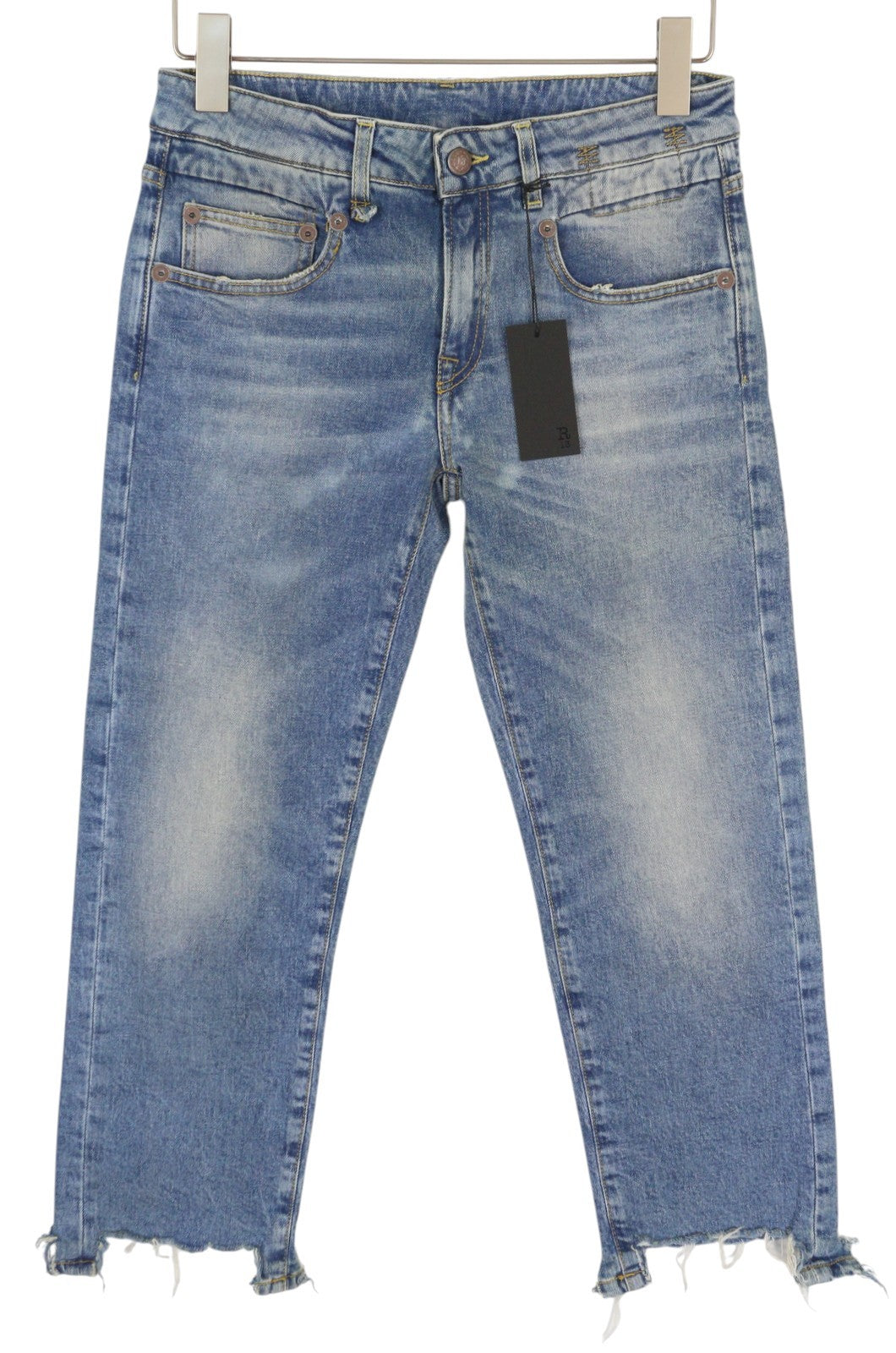 R13 berniukiški tiesūs, plėšyti moteriški džinsai 26 Jasper tamprūs, išblukinti, skalbti, trumpinti džinsai 