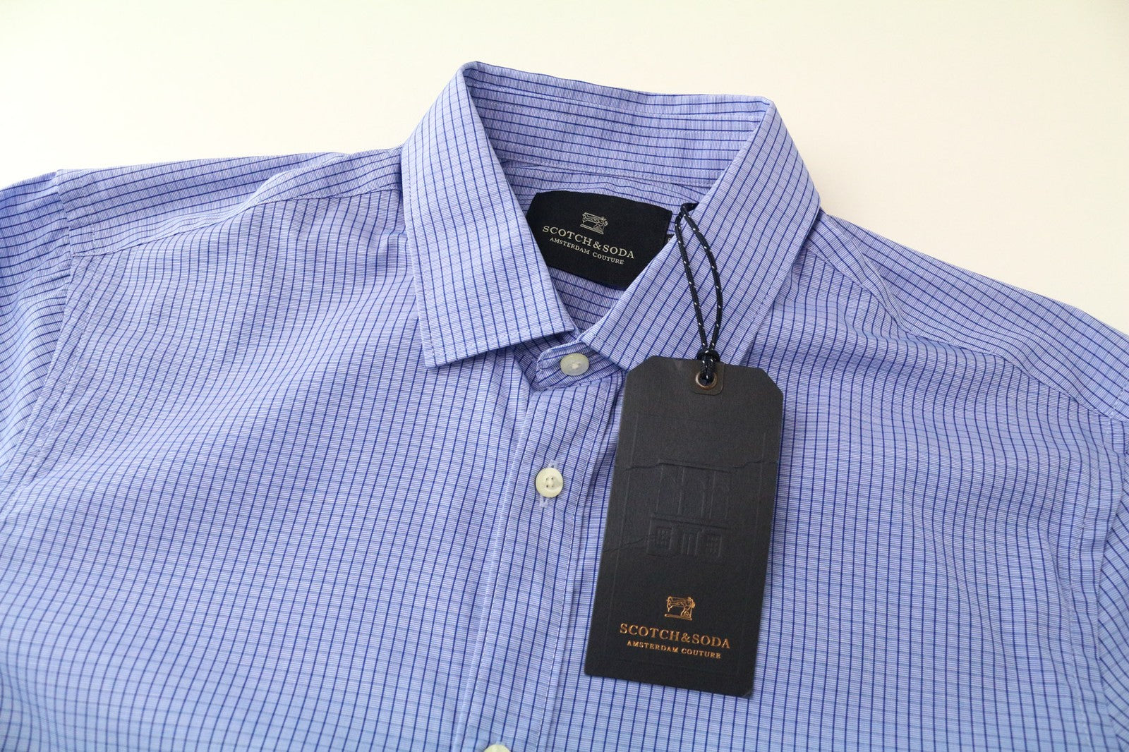 SCOTCH &amp; SODA vyriški marškinėliai S dydžio mėlyni languoti medvilniniai marškinėliai su sagomis ir ilgomis rankovėmis 