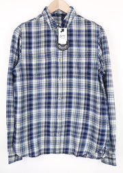 DENHAM vyriški marškiniai su apvadais, mėlyni, languoti, melanžo rašto, klasikiniai ilgomis rankovėmis