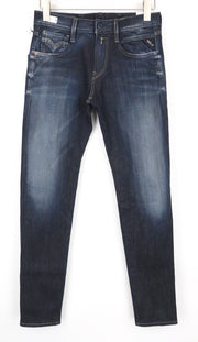 REPLAY Anbass vyriški džinsai W28/L32 tamsiai mėlyni, ploni, tamprūs, Hyperflex su užtrauktuku 