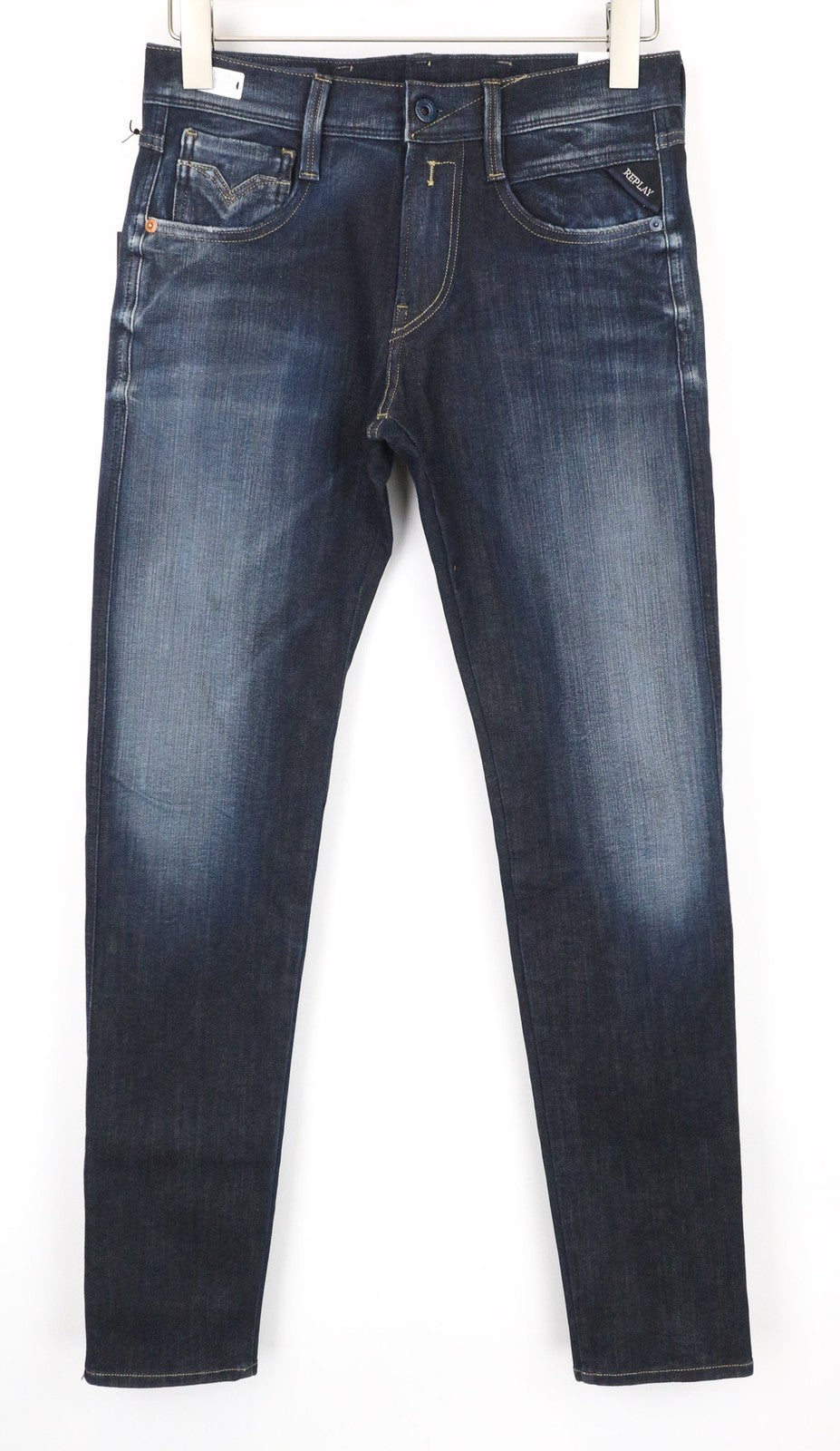 REPLAY Anbass vyriški džinsai W28/L32 tamsiai mėlyni, ploni, tamprūs, Hyperflex su užtrauktuku 