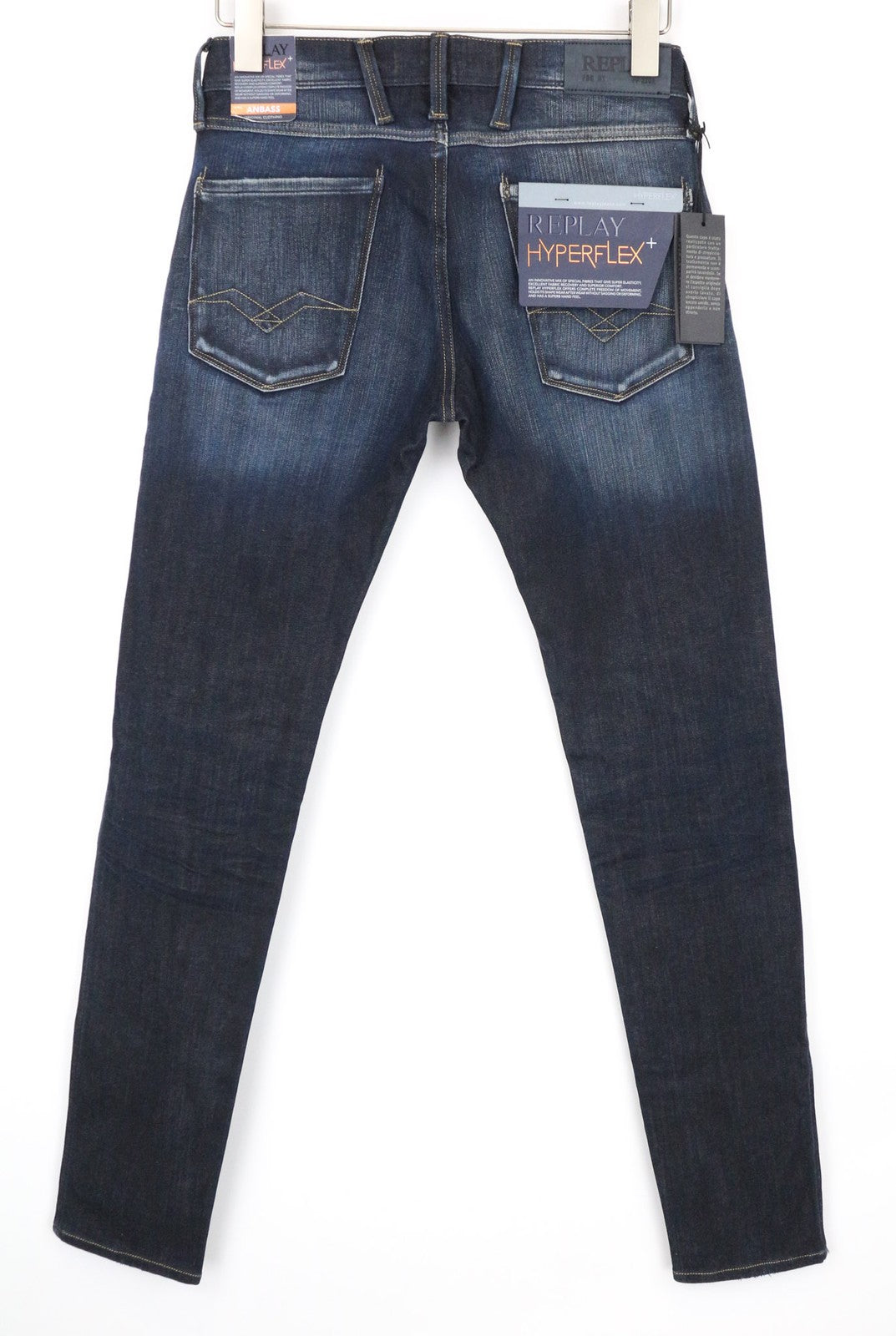 REPLAY Anbass vyriški džinsai W28/L32 tamsiai mėlyni, ploni, tamprūs, Hyperflex su užtrauktuku 