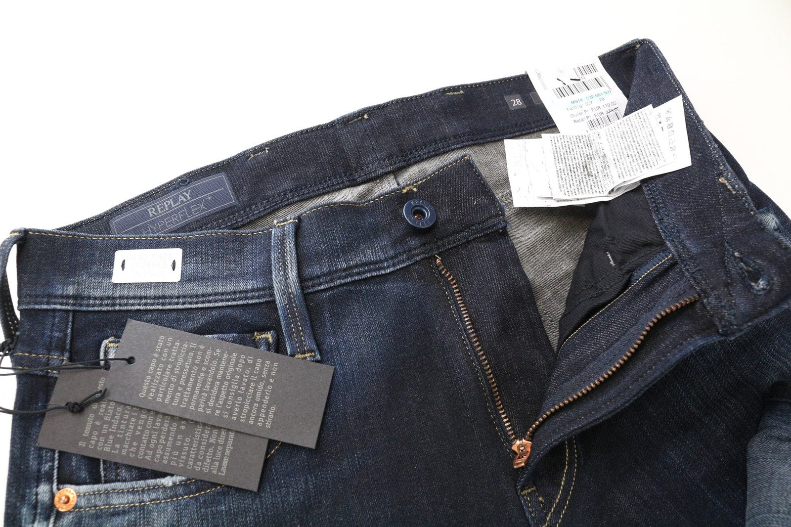 REPLAY Anbass vyriški džinsai W28/L32 tamsiai mėlyni, ploni, tamprūs, Hyperflex su užtrauktuku 