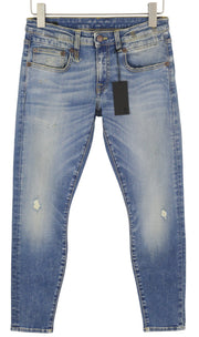 R13 berniukiškos aptemptos moteriškos džinsinės kelnės, 27, mėlynos, skalbtos, išblukusios, trumpintos iki kulkšnių. 