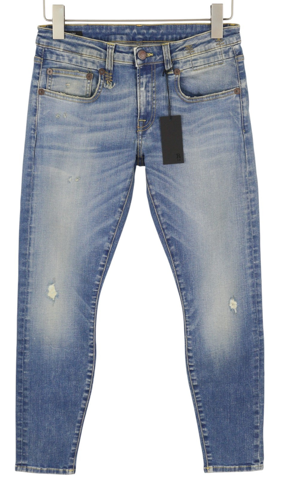 R13 berniukiškos aptemptos moteriškos džinsinės kelnės, 27, mėlynos, skalbtos, išblukusios, trumpintos iki kulkšnių. 