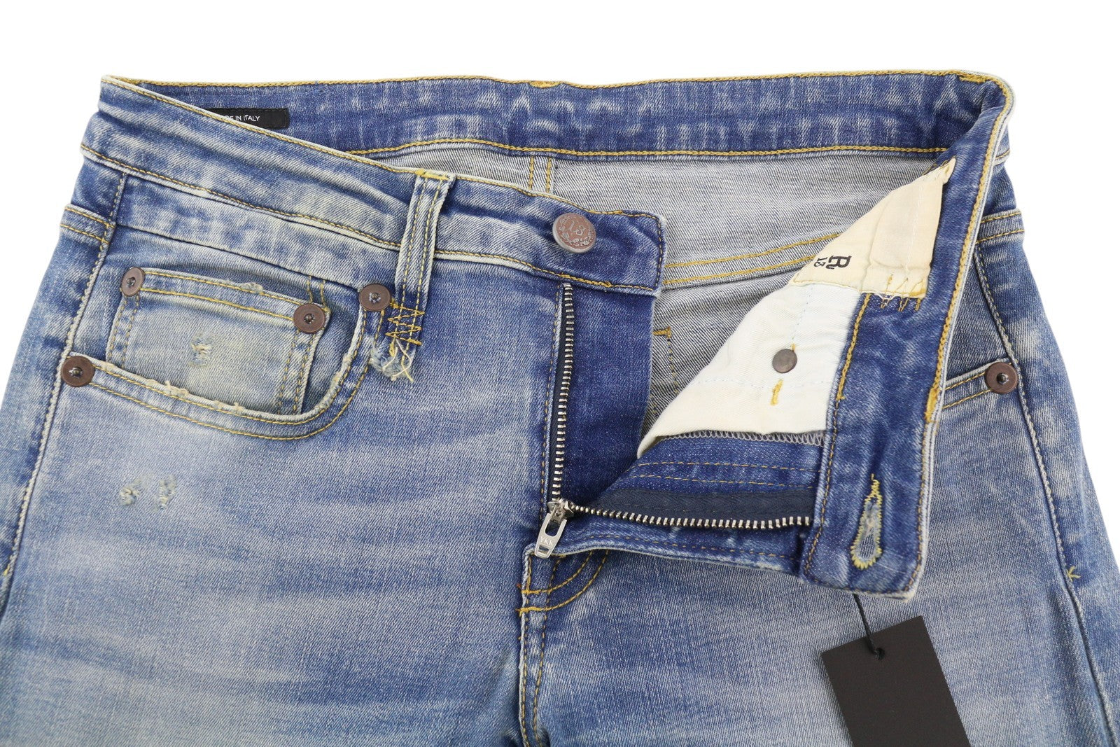 R13 berniukiškos aptemptos moteriškos džinsinės kelnės, 27, mėlynos, skalbtos, išblukusios, trumpintos iki kulkšnių. 