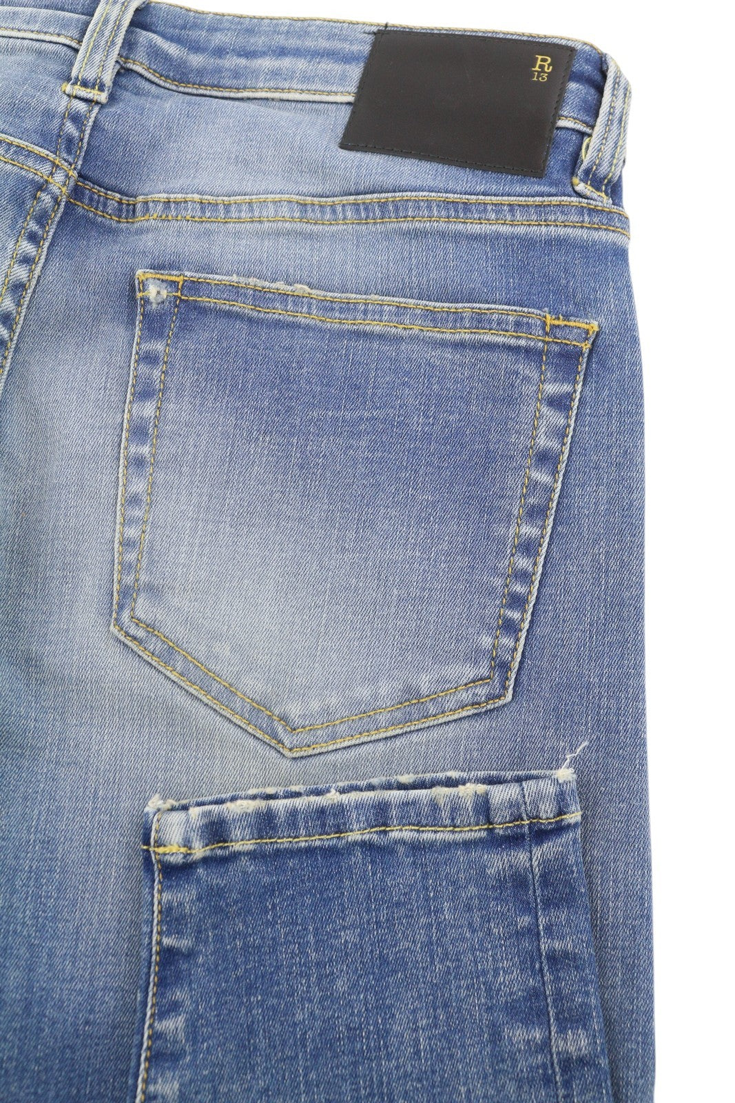 R13 berniukiškos aptemptos moteriškos džinsinės kelnės, 27, mėlynos, skalbtos, išblukusios, trumpintos iki kulkšnių. 