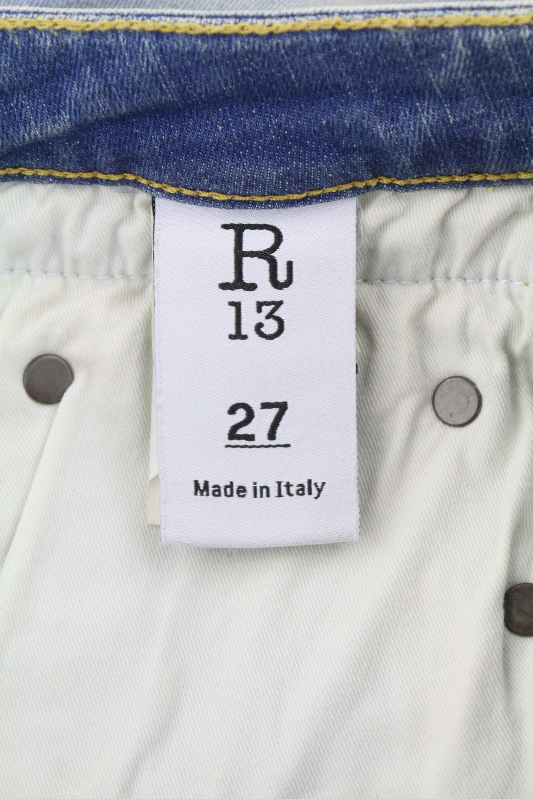 R13 berniukiškos aptemptos moteriškos džinsinės kelnės, 27, mėlynos, skalbtos, išblukusios, trumpintos iki kulkšnių. 