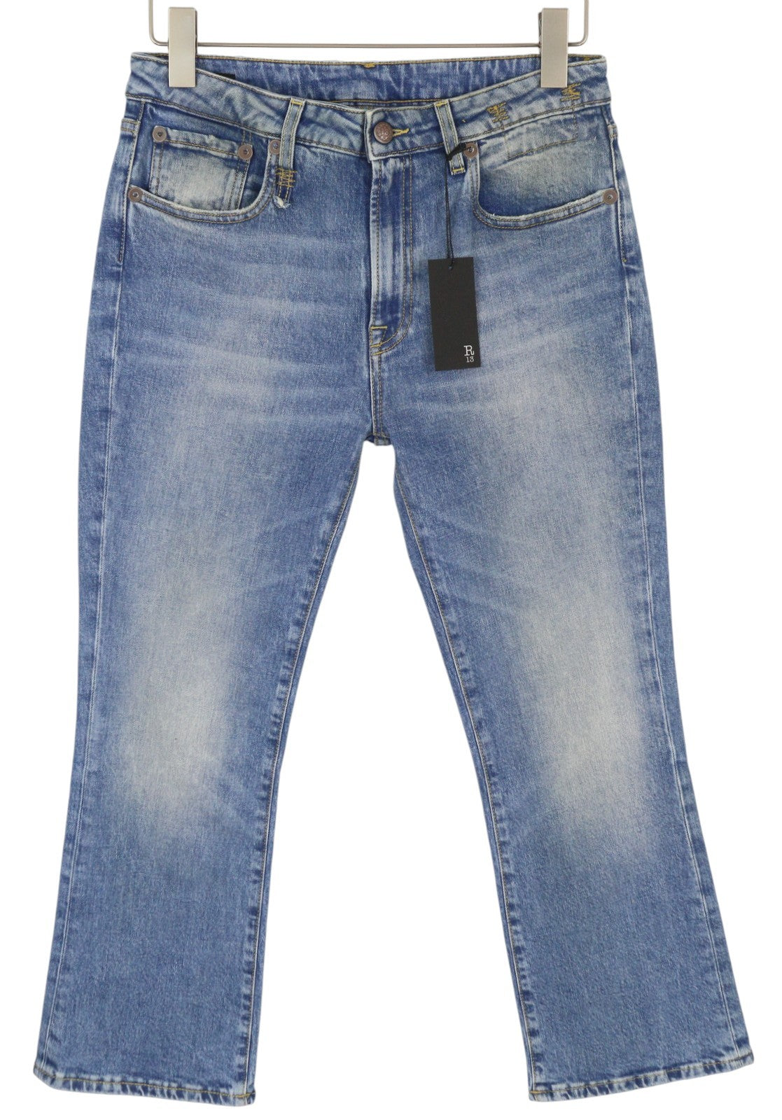 R13 Kick Fit moteriški džinsai 29 Jasper tamprūs, skalbti, išblukę, trumpinti džinsai iki kulkšnių 