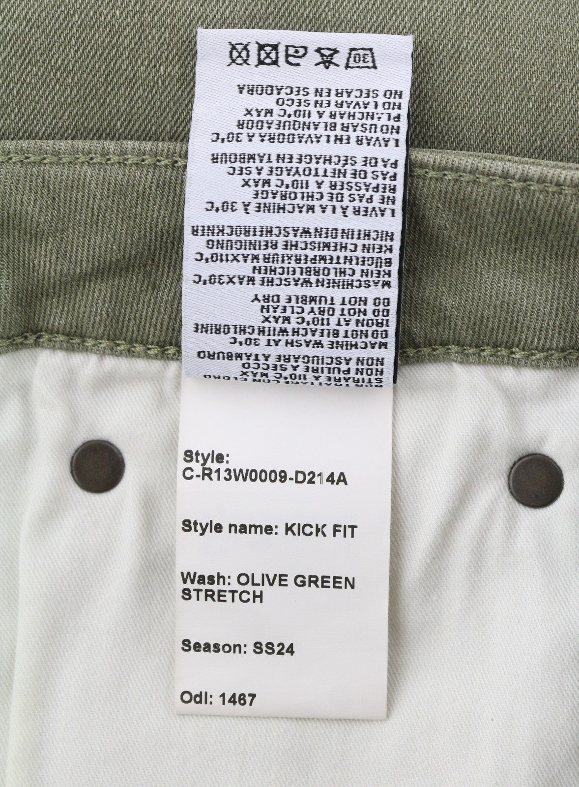 R13 Kick Fit moteriški džinsai 27 alyvuogių žalios spalvos, tamprūs, išblukinti, trumpinti džinsai iki kulkšnių. 