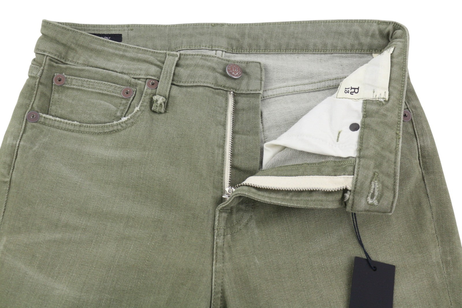 R13 Kick Fit moteriški džinsai 27 alyvuogių žalios spalvos, tamprūs, išblukinti, trumpinti džinsai iki kulkšnių. 