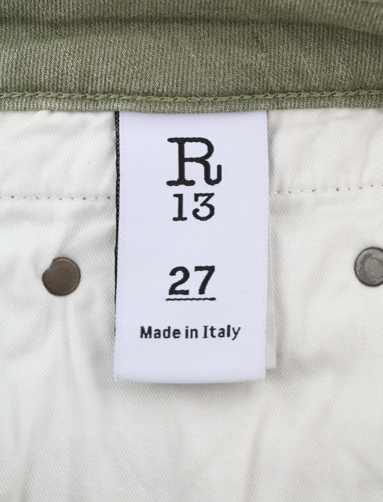 R13 berniukiški tiesūs moteriški džinsai 27 alyvuogių žalios spalvos, tamprūs, išblukę, trumpinti iki kulkšnių. 