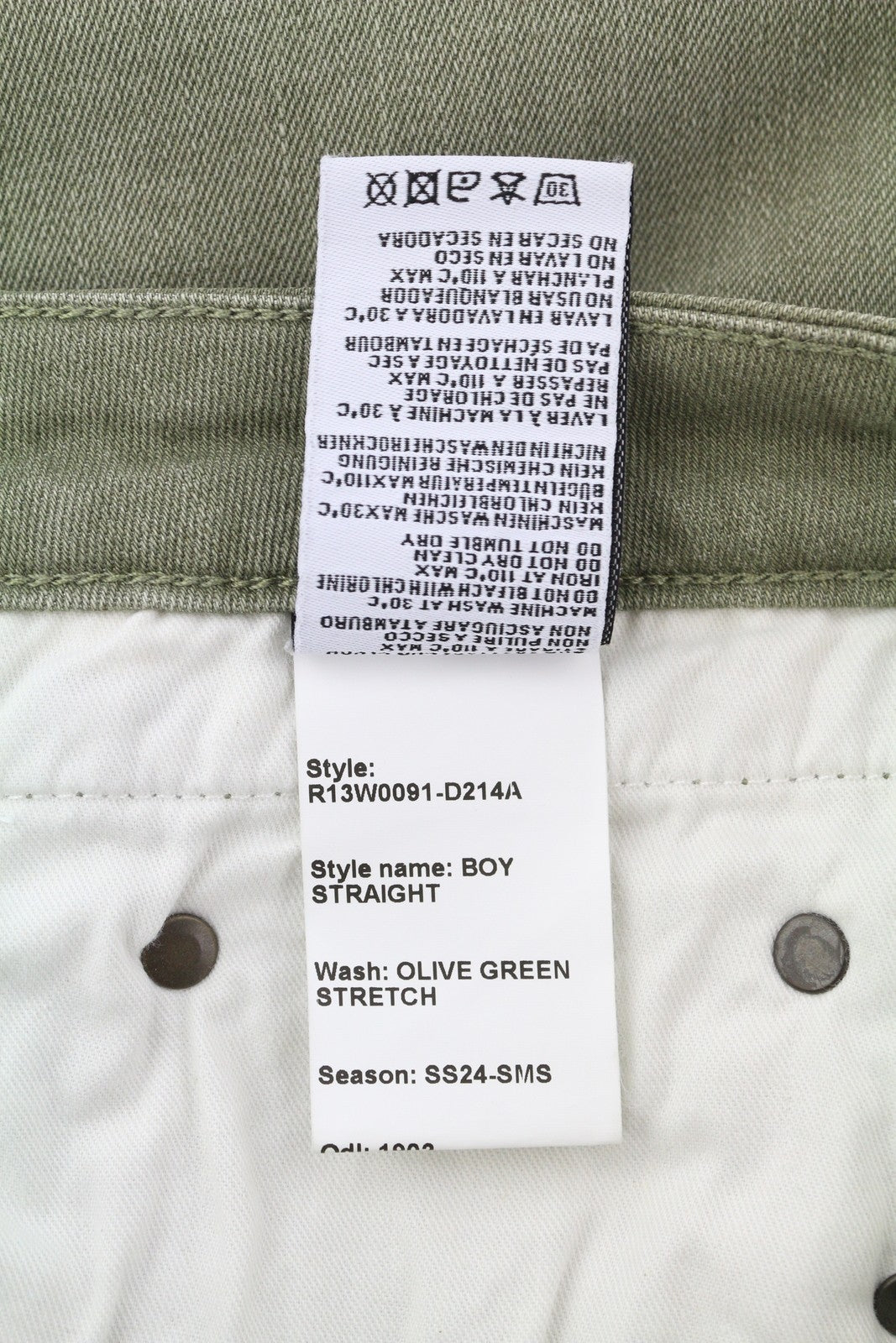 R13 berniukiški tiesūs moteriški džinsai 27 alyvuogių žalios spalvos, tamprūs, išblukę, trumpinti iki kulkšnių. 