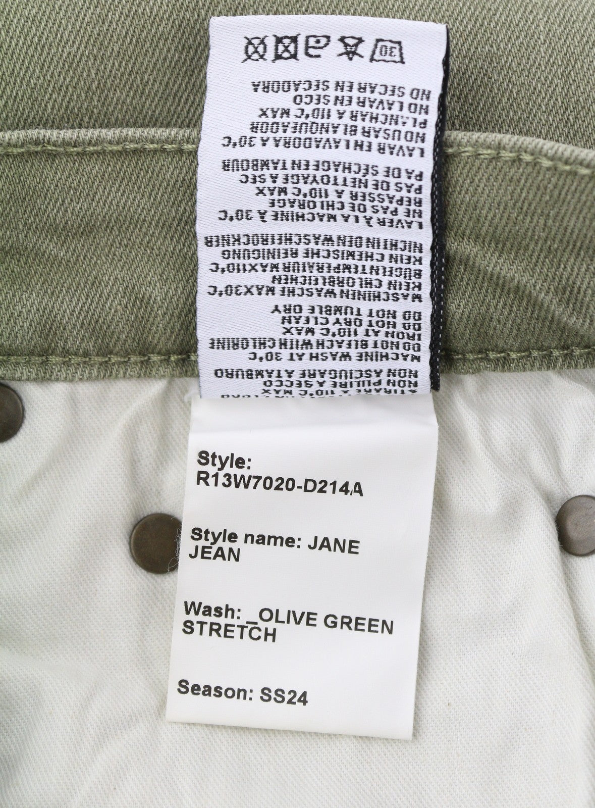 R13 Jane moteriški džinsai, 25, alyvuogių žali, tamprūs, laisvi, tiesūs, aukštu juosmeniu, rekomenduojama kaina – 699 € 