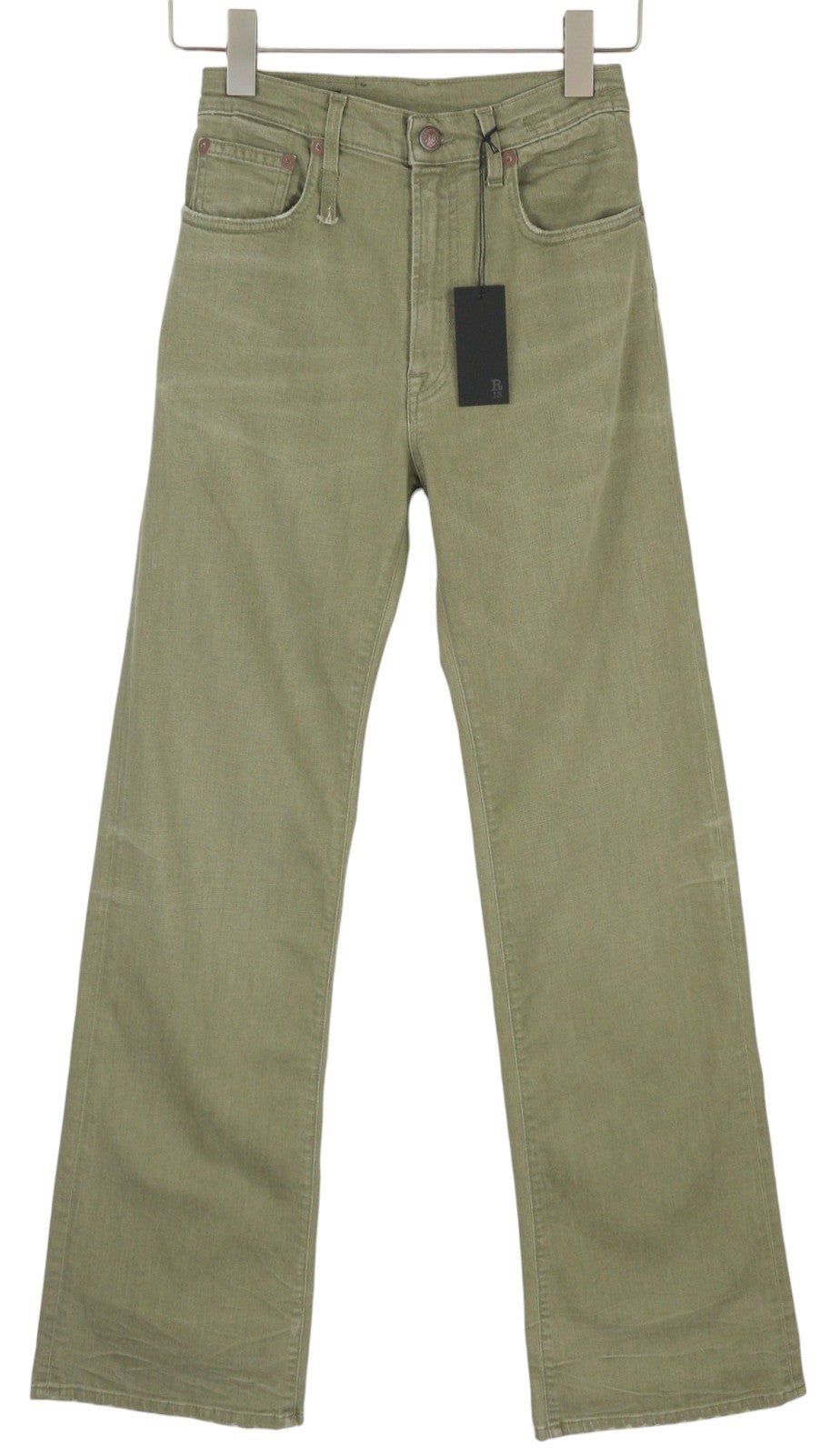 R13 Jane moteriški džinsai, 25, alyvuogių žali, tamprūs, laisvi, tiesūs, aukštu juosmeniu, rekomenduojama kaina – 699 € 