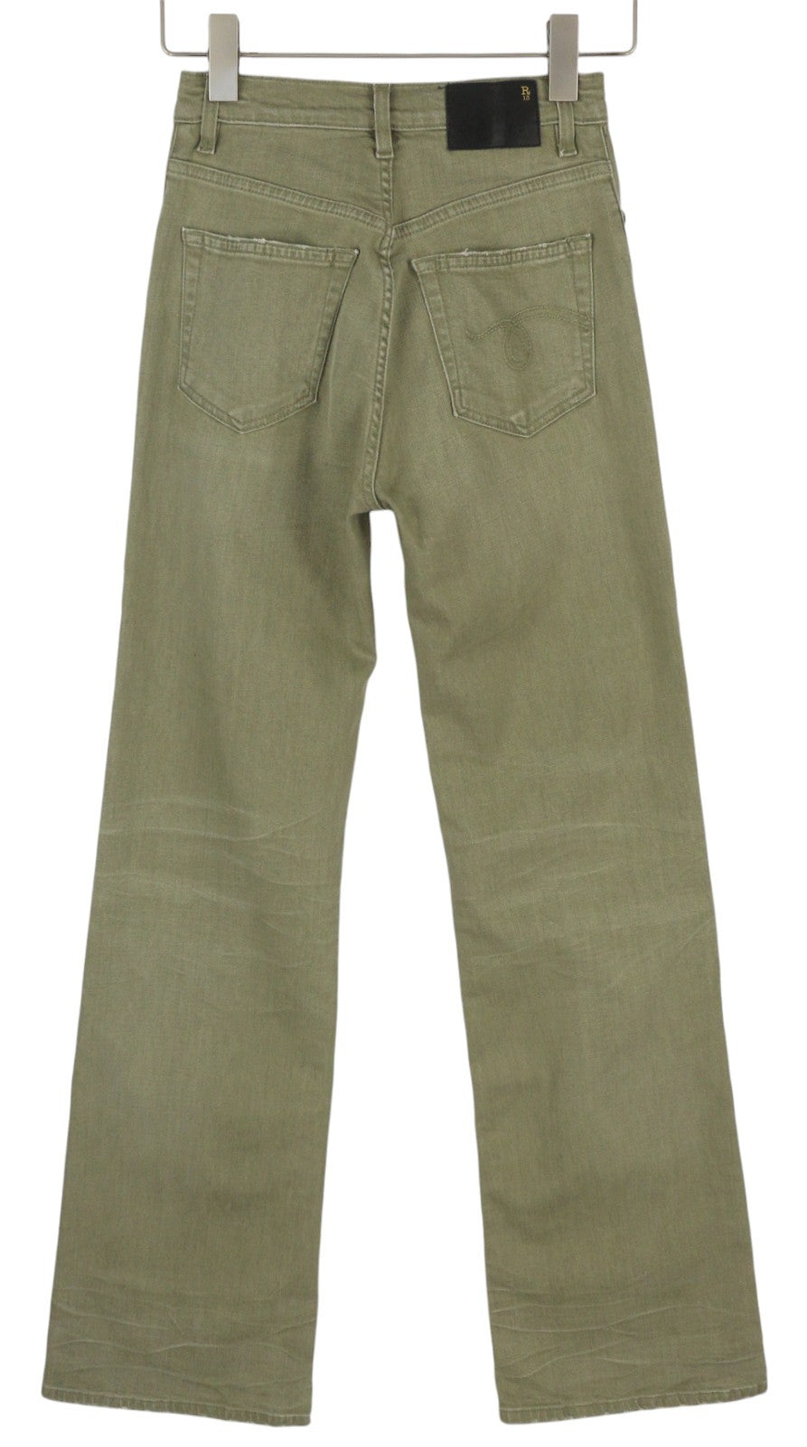 R13 Jane moteriški džinsai, 25, alyvuogių žali, tamprūs, laisvi, tiesūs, aukštu juosmeniu, rekomenduojama kaina – 699 € 