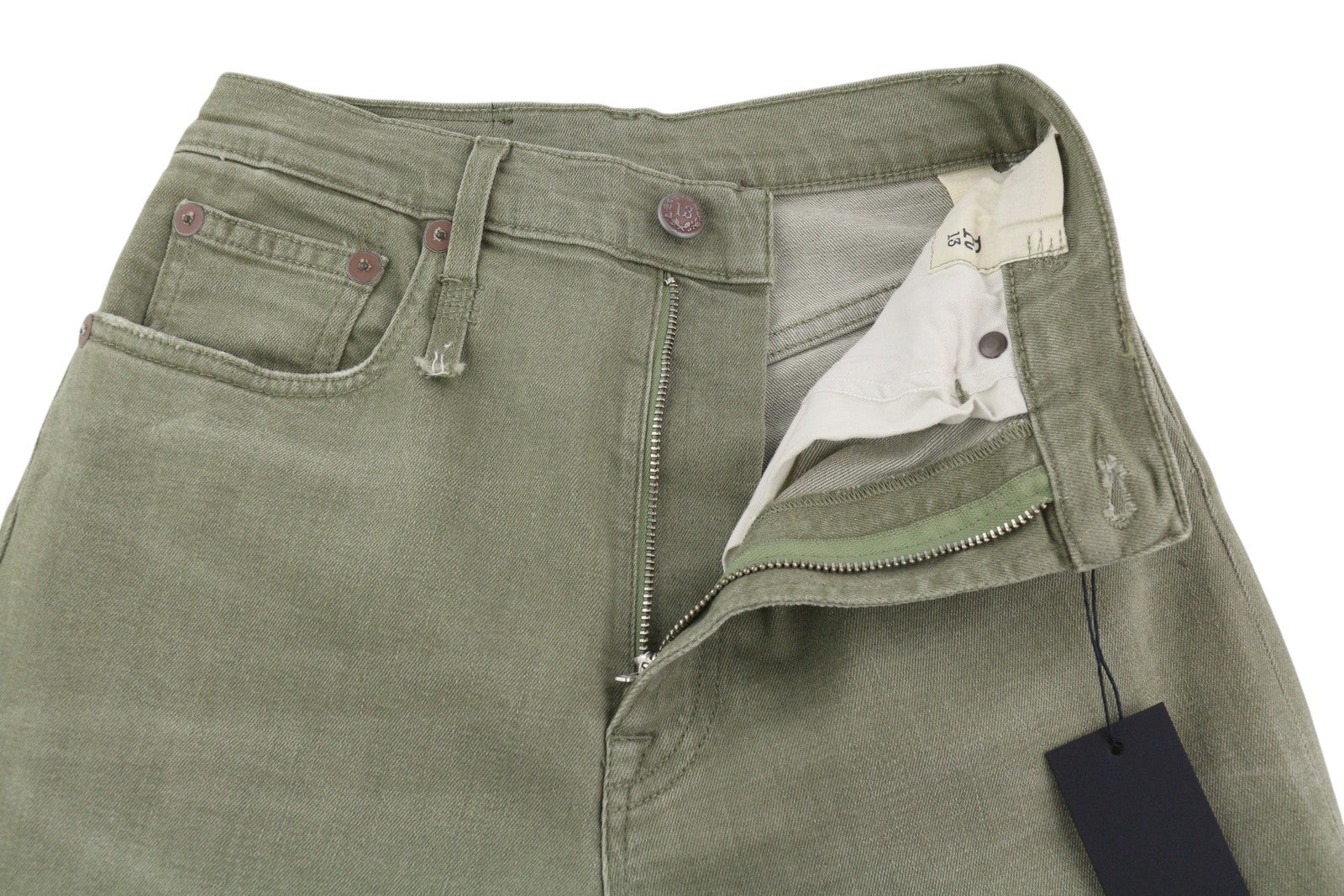 R13 Jane moteriški džinsai, 25, alyvuogių žali, tamprūs, laisvi, tiesūs, aukštu juosmeniu, rekomenduojama kaina – 699 € 