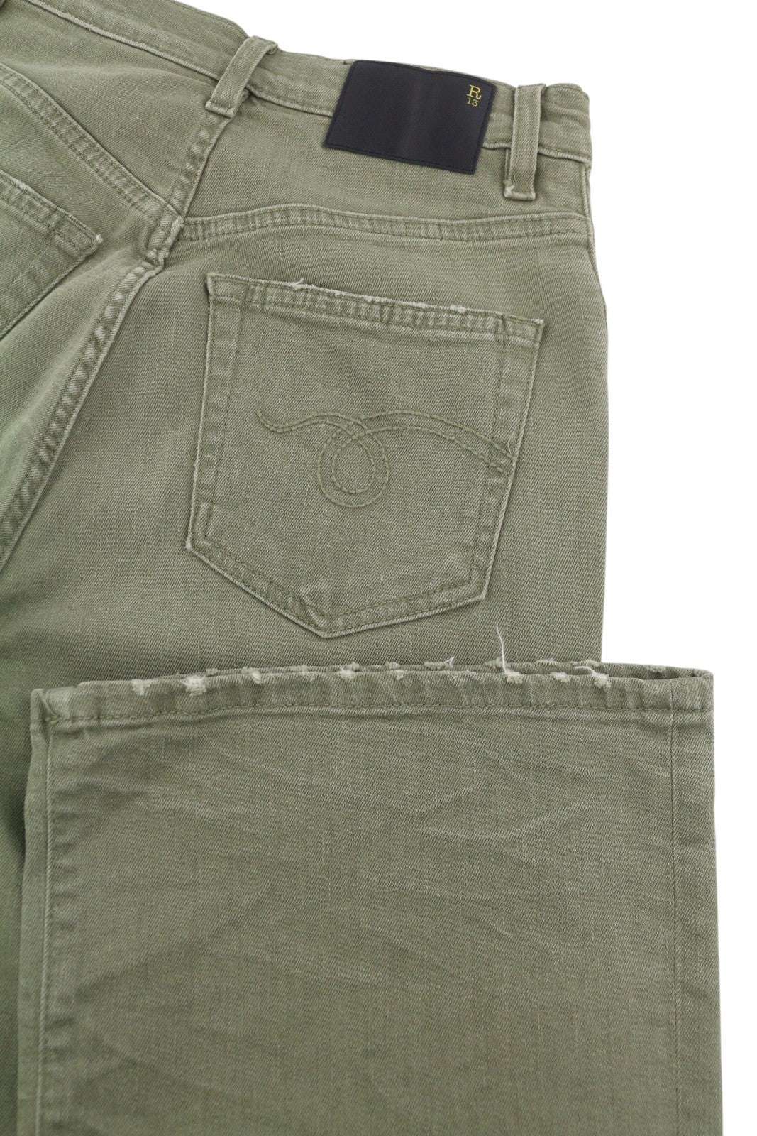 R13 Jane moteriški džinsai, 25, alyvuogių žali, tamprūs, laisvi, tiesūs, aukštu juosmeniu, rekomenduojama kaina – 699 € 