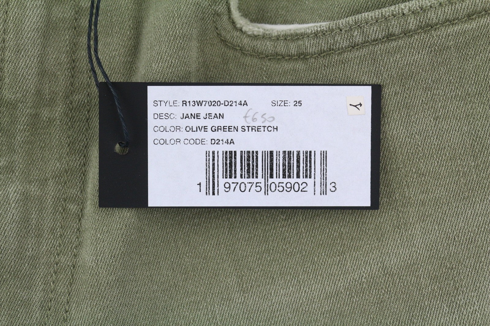 R13 Jane moteriški džinsai, 25, alyvuogių žali, tamprūs, laisvi, tiesūs, aukštu juosmeniu, rekomenduojama kaina – 699 € 