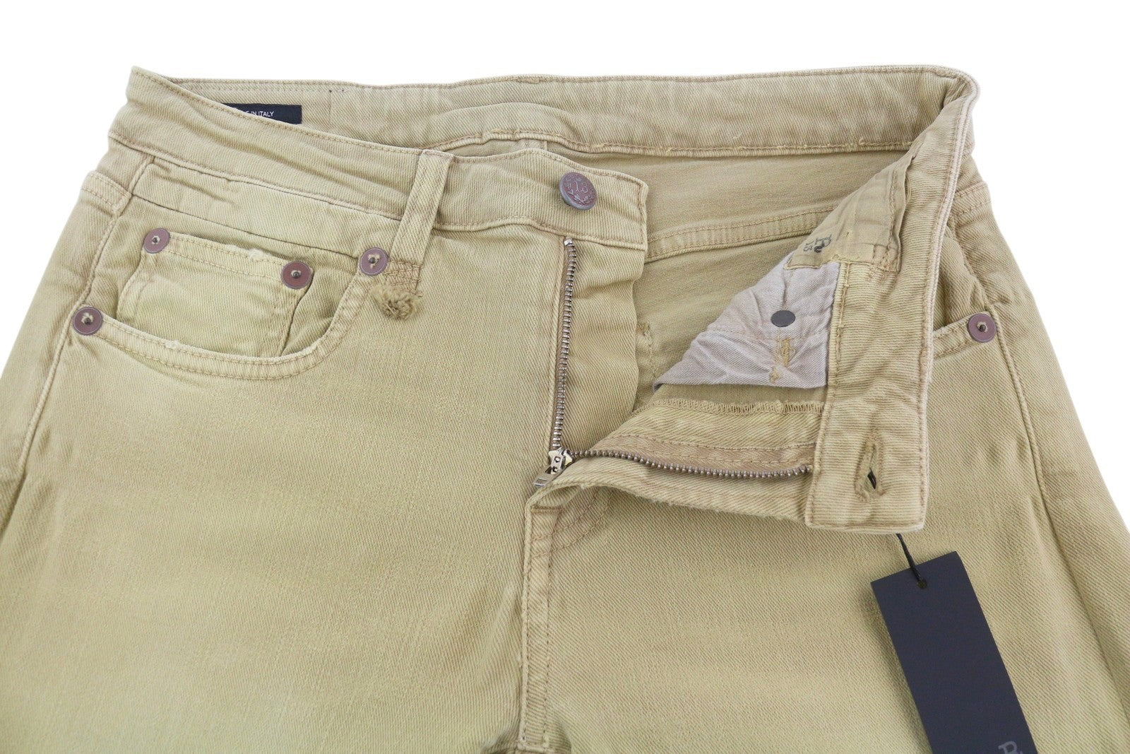 R13 berniukiški tiesūs moteriški džinsai, 28 chaki spalvos, tamprūs, trumpi, šviesiai džinsiniai, iki kulkšnių, rekomenduojama kaina – 699 € 