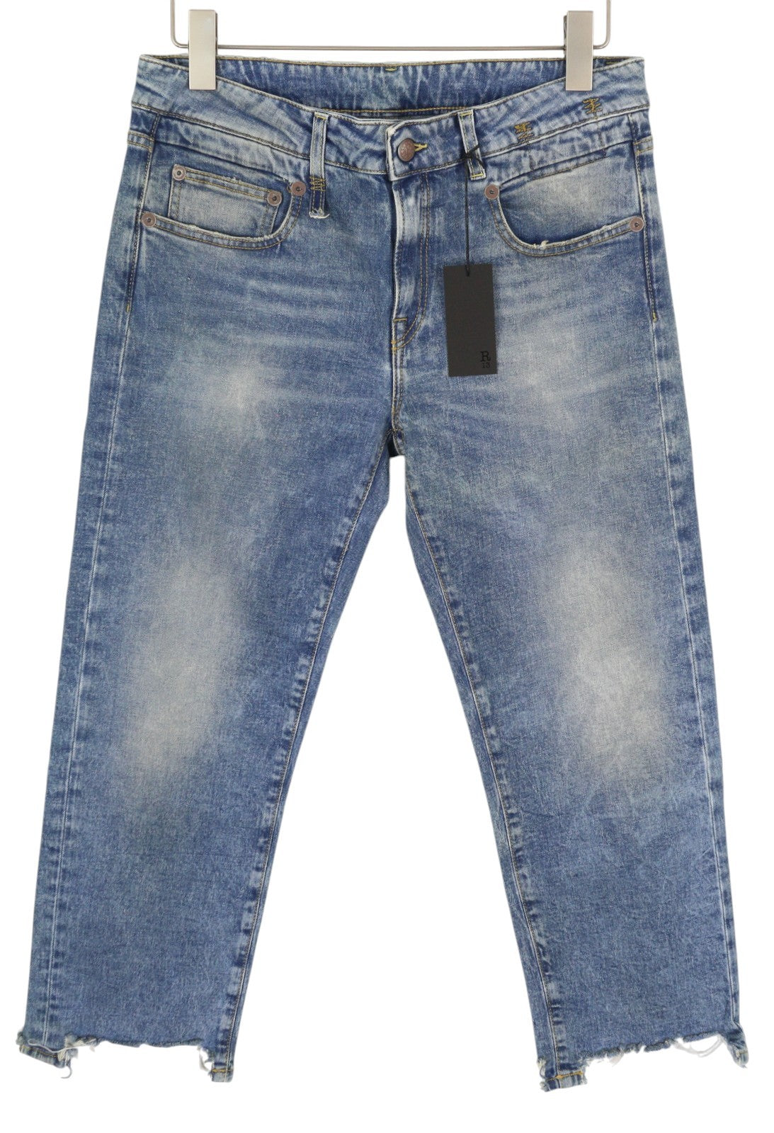 R13 berniukiški tiesūs, plėšyti moteriški džinsai, 30 Jasper tamprūs, išblukinti, skalbti, trumpinti džinsai 