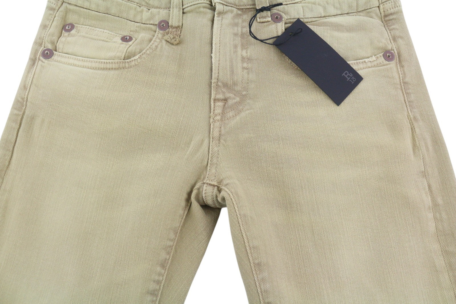 R13 berniukiški tiesūs moteriški džinsai, 26 chaki spalvos, tamprūs, blukinti, iki kulkšnių, laisvalaikio, RRP 699 € 