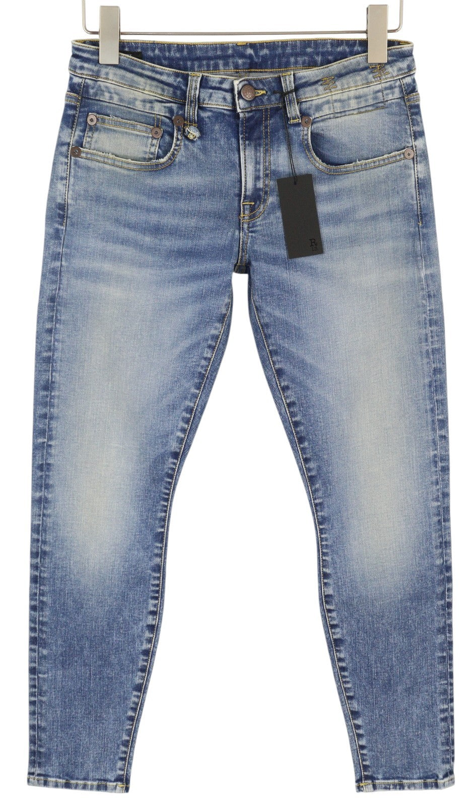 R13 berniukiški aptempti džinsai moterims 27 mėlyni, skalbti, išblukę, iki kulkšnių, trumpinti su užtrauktuku. 