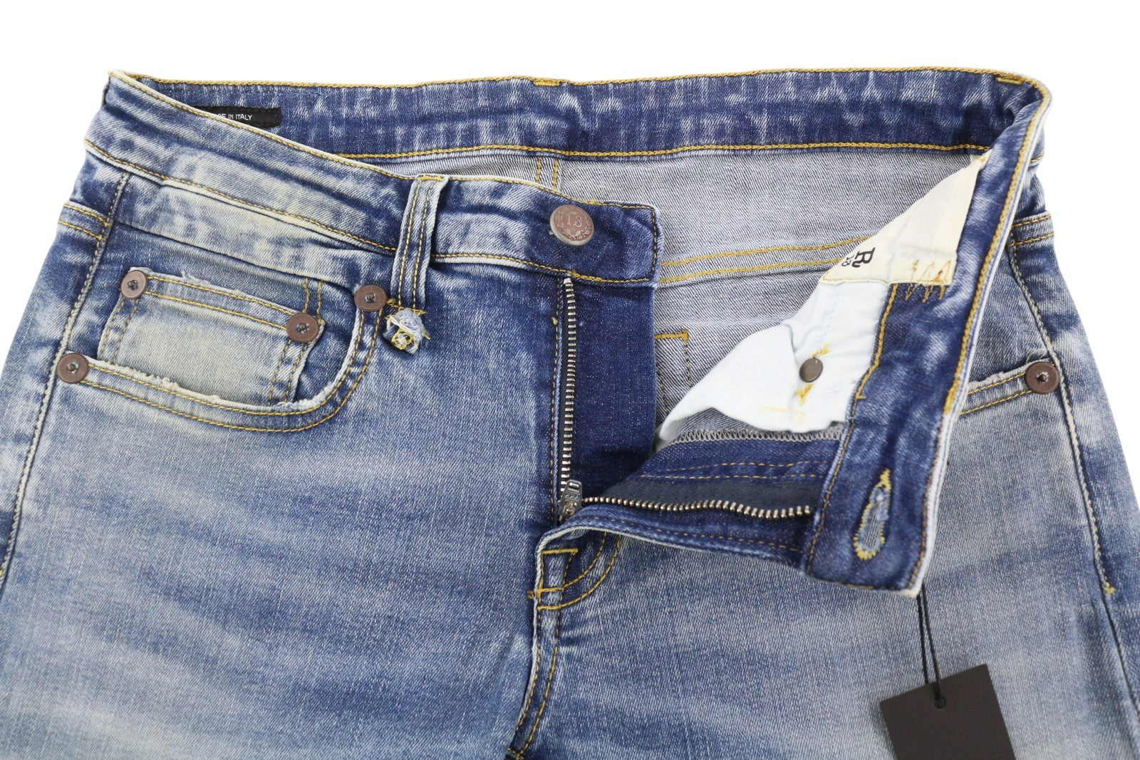 R13 berniukiški aptempti džinsai moterims 27 mėlyni, skalbti, išblukę, iki kulkšnių, trumpinti su užtrauktuku. 