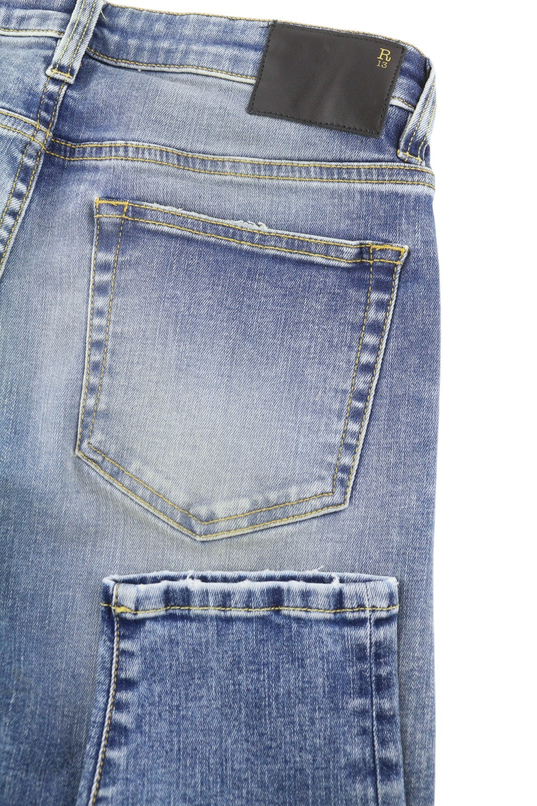 R13 berniukiški aptempti džinsai moterims 27 mėlyni, skalbti, išblukę, iki kulkšnių, trumpinti su užtrauktuku. 